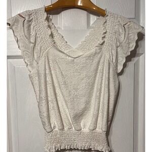 Urban Romantics White Eyelet Lace Smocked Waist Flutter Sleeve Blouse Medium